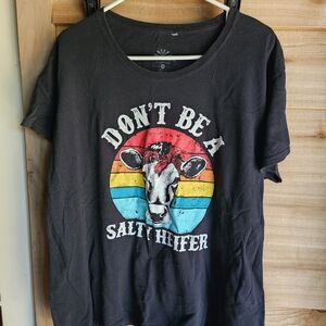 Black Graphic Tee with Cow Print
